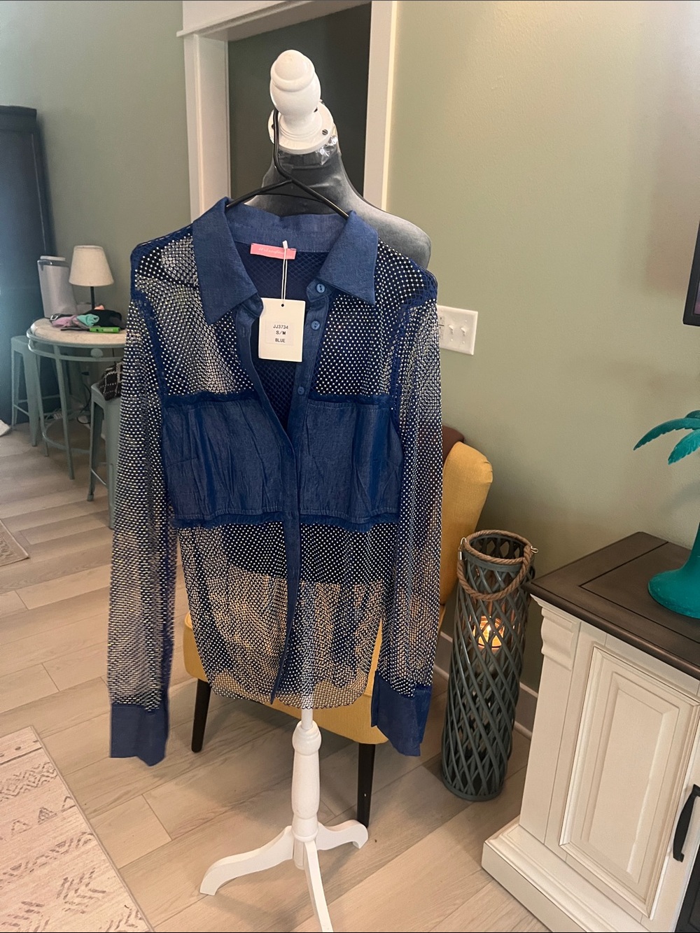 Sheer Navy Button-Up Blouse with Contrast Yoke - , Size S